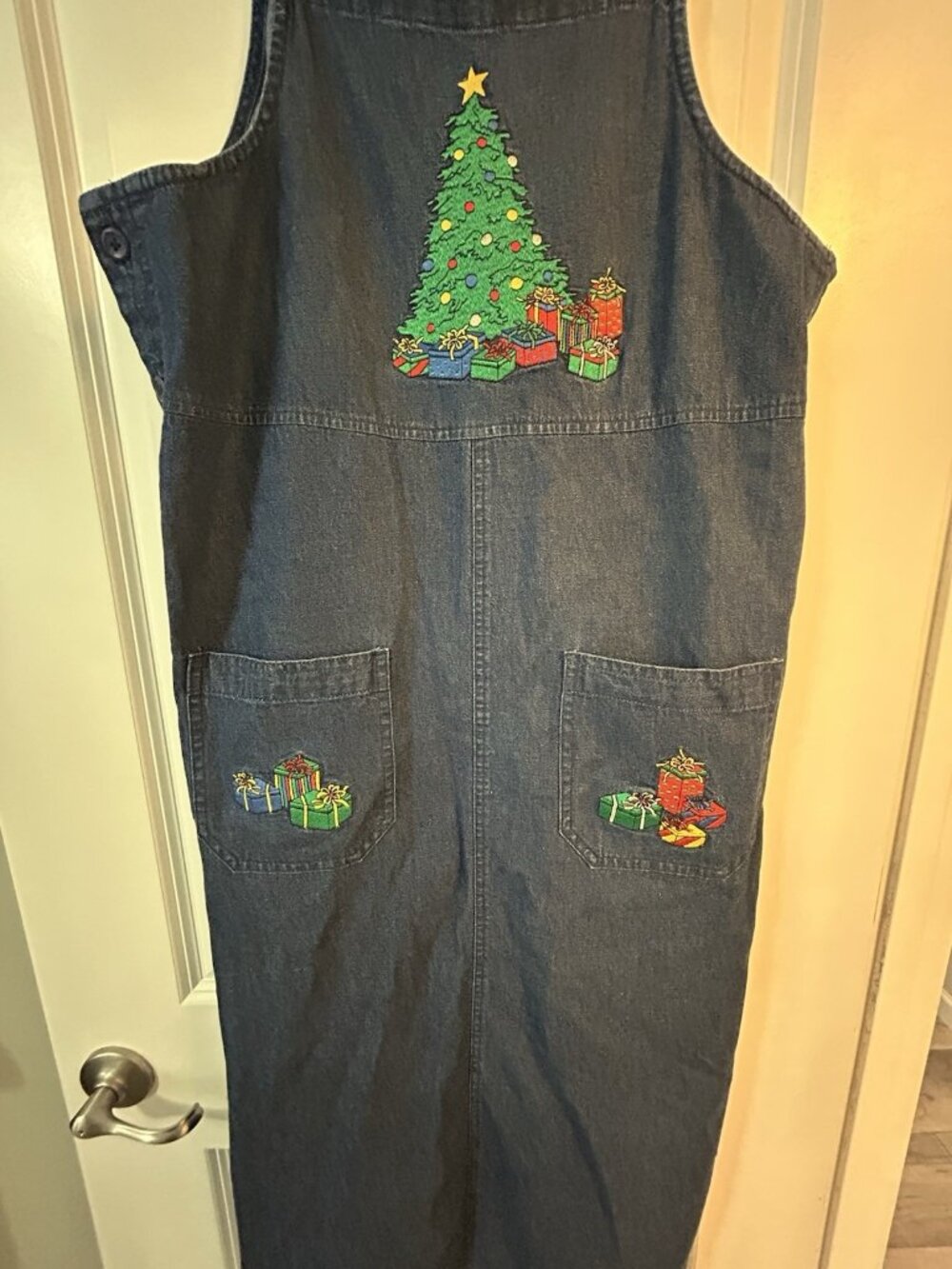Vintage Christmas Dress Size Petite Medium Jean Denim Embroidered Midi Tacky Fun - Picture 5 of 13